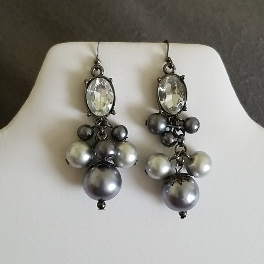 Gray Rhinestone and Faux Pearl Dangle Earrings